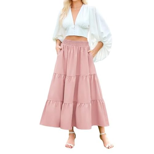 Arolina Maxi Skirt for Women Summer Boho Elastic High Waist Pleated A-Line Flowy Ruffle Swing Tiered Long Beach Skirt Dress Large Pink With Pockets