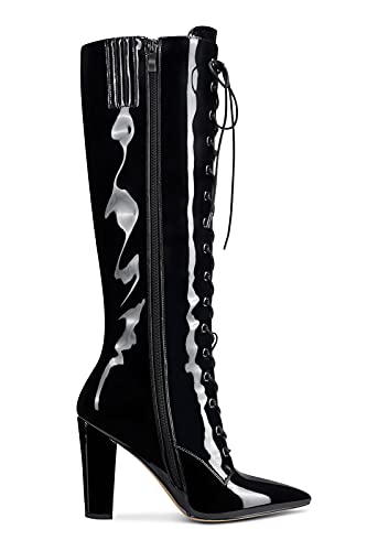 Castamere Womens Mid Calf Chunky Block Heel Boots Pointed Toe Lace Up Boot with Zipper 10CM Heels3