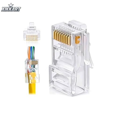 Image of XIKKART Cat6 RJ45 Pass Through Connectors (100 Pack) | Gold-Plated Modular Plugs for Solid & Stranded Ethernet Cable | Easy Crimp Network Plug for Cat6, Cat5e, Cat5 LAN Cable | (100-Pcs)