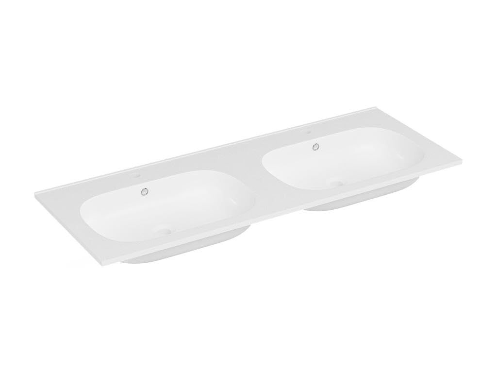 Vente-unique - Doble lavabo empotrable de resina efecto piedra - Blanco - Ancho 120 x 46 cm - ATIWA