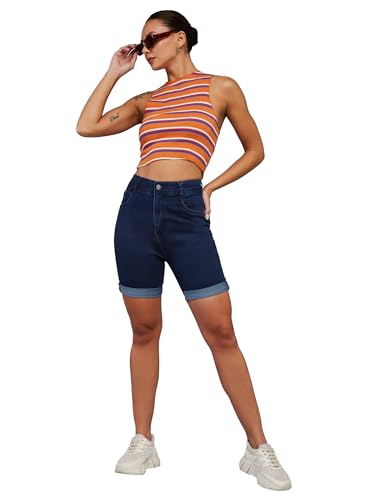 Image of Dolce Crudo Women's Relaxed Fit Mid-Rise Denim Shorts with Adjustable Waist & Frayed Hem