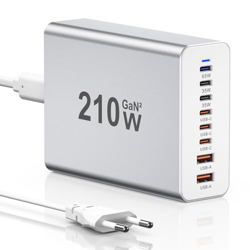 USB C-laddare, 210 W 8 portars laddningsstation, flera laddare, snabbladdare, laddningsadapter, kompatibel med iPhone 12/13/14/15, MacBook Pro/Air, Samsung Galaxy S23/S22/S21
