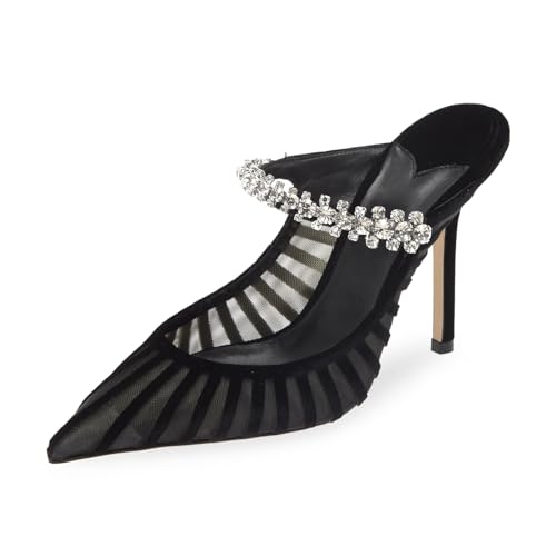 Vaslemuse Women Rhinestone Strap Heel Mules Bridal Pointy Toe Stiletto Heels Dress Pumps Slip On for Wedding Party