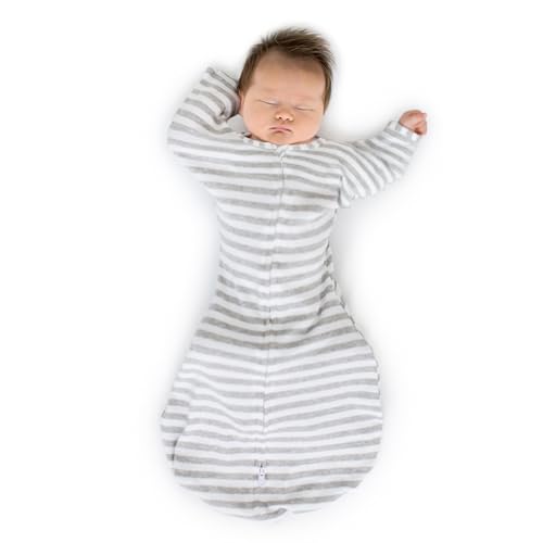 Image of SwaddleDesigns Transitional Swaddle Sack with Arms Up Half-Length Sleeves and Mitten Cuffs, Small, 0-3 Months, 6-14 lbs, Heathered Gray Stripes (Arms Up Swaddle, Transition Swaddle Sleep Sack)