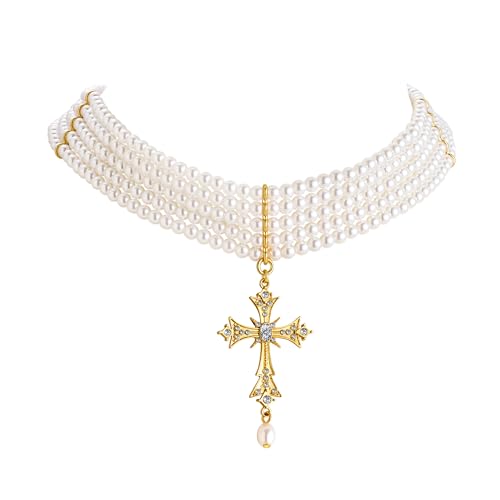 WOWORAMA Gothic Pearl Cross Necklace for Women Layered Pearl Strand Necklaces Vintage Punk Goth Cross Pearls Choker Necklaces Halloween Christmas Gothic Jewelry