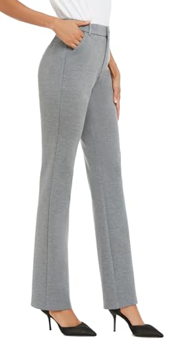 iChosy Women's Stretchy Straight Leg Dress Work Pants Business Office Casual Slacks with Pockets Grey 8 Tall