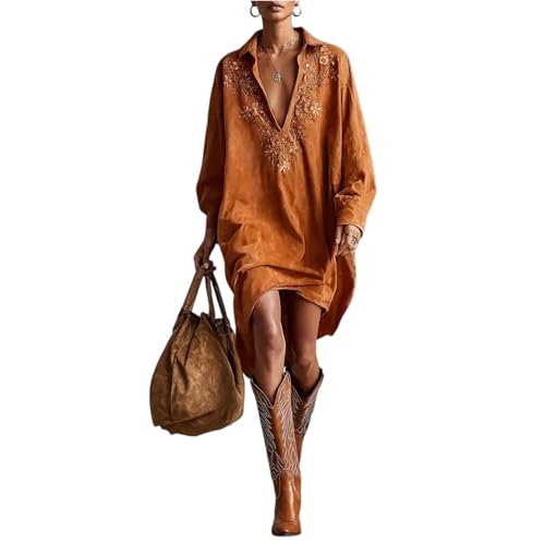 Image of Womens Faux Suede Western Vintage Midi Dress, Long Sleeve Lapel Deep V Neck Fall Winter Velvet Retro Style Dress