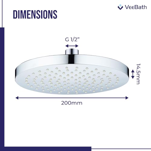 VeeBath 8" Round Rainfall Shower Head Large Rain Shower Head Adjustable with Swivel Ball Powerful High Pressure Top Spray Bathroom- 200x200mm, ABS-Chrome