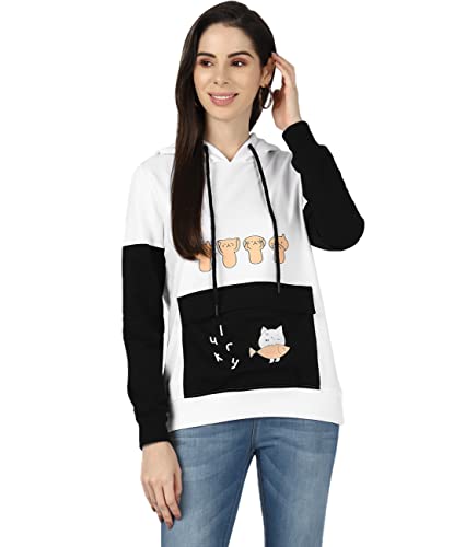 Image of UrbanMark Women Graphic Printed Colorblock Hooded Sweatshirt-White