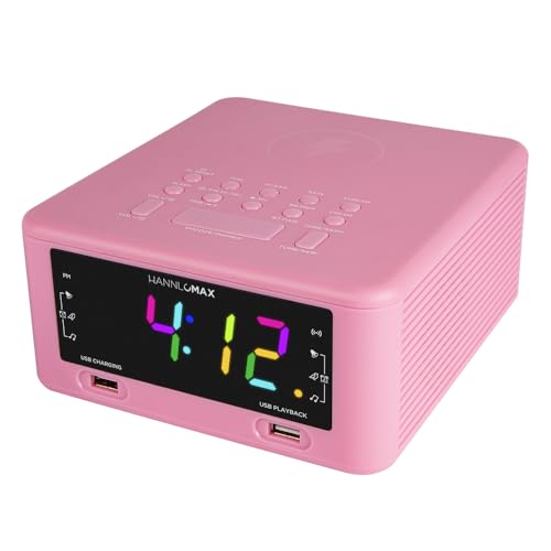 HANNLOMAX HX-206Wi Alarm Clock Radio with Wireless Charger, RGB Color Display, USB Port for Charging and MP3 Playback, Bluetooth, Soothing Sleep Sounds, Aux-in, AC Operation only. (Pink)