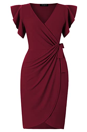 Oten Women Wrap V Neck Ruffle Sleeve Ruched Bodycon Dress Knee Length Tie Waist Formal Cocktail Dresses Special Occasions Burgundy Large #TOP1