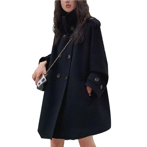 Maiyifu-GJ Women's Stand Collar Double Breasted Overcoat Winter Wool Blend Trench Coat Mid Long Jacket Outerwear with Pockets