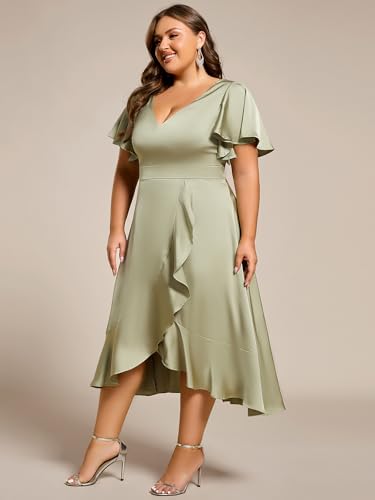 Image of Ever-Pretty Plus Women's V Neck A Line Ruffles Sleeves Satin Midi Plus Size Cocktail Wedding Guest Dresses 02318-DA