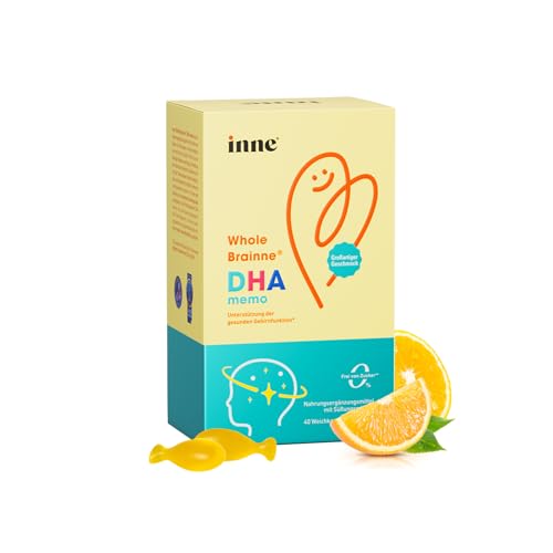 inne Whole Brainne DHA memo - ab 3 Jahren - pflanzliches DHA aus Algen - Omega 3 Kinder - Nahrungsergänzungsmittel zur Unterstützung der Hirnfunktion - Orangengeschmack (40 Weichkapseln)