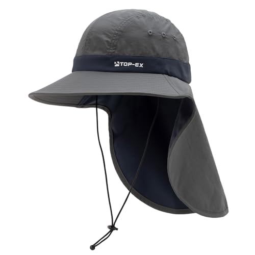 TOP-EX Herren Sonnenhut mit Nackenschutz UV-Schutz Wanderhut mit Kühlender Technologie Breite Krempe & Faltbar Safari Fischerhut für Outdoor Angeln & Garten Dunkelgrau M-L