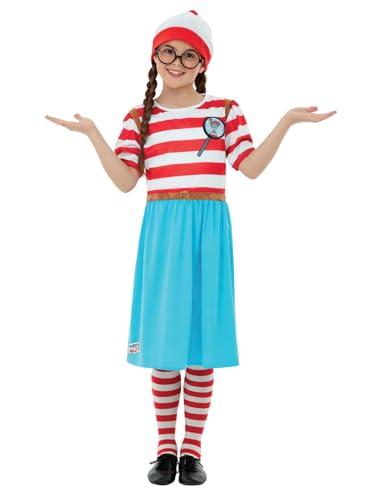 Smiffys ¿Dónde está Wally? Disfraz de Wenda de Lujo, Rojo y blanco, vestido con lenticular impresa en 3D, medias, sombrero y gafas Halloween, Carnaval
