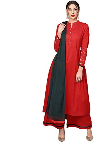 HIRAL DESIGNER Womens Anarkali Long Tunic Top A-Line Kurti Cotton Rayon Party wear Indian Dress (38, Red)