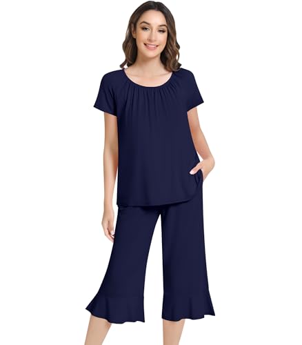 Image of NACHILA Pajamas for Women-Viscose Made from Bamboo,Short Sleeve Sleepwear Cooling Pjs Top with Capri Pants Pajama Sets