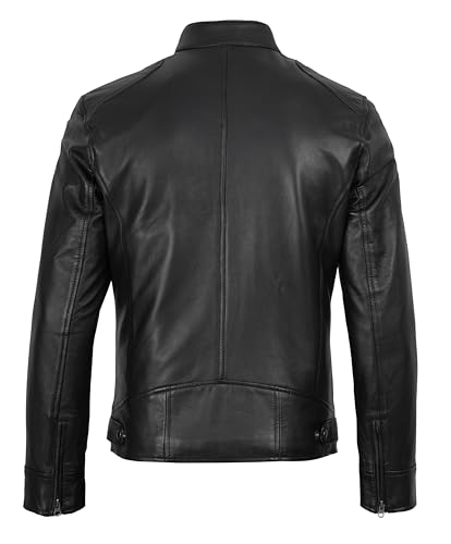 Image of fjackets Mens Leather Jacket - Real Lambskin Cafe Racer Jacket Stand Collar Moto Biker Zip Jacket For Men