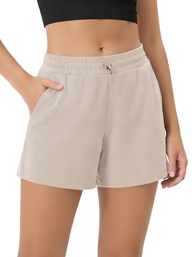 ODODOS Modal Soft Relaxed Shorts for Women Adjustable Shockcord High Waist Casual Shorts with Pockets - 4" Inseam, Smokey Taupe, X-Small