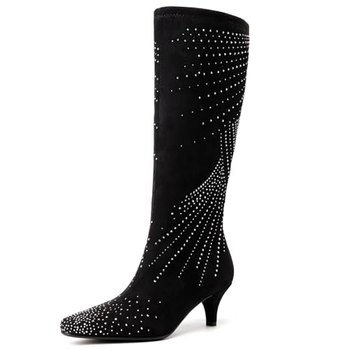 GOSERCE Sparkly Black Knee High Boots Women Low Heel with Rhinestone Pointed Toe Fashion Kitten Heels Suede Long Tall Boots Zipper Sexy Glitter Boot Ladies Shoes Wedding Party Dressy