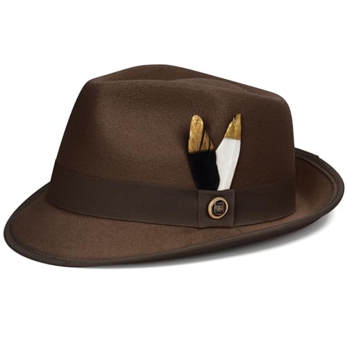FADACHY Fedora Hats for Men & Women Short Brim Felt Hat Trilby Fedora with Feather Panama Dress Hat Brown Fedora Hat L-XL