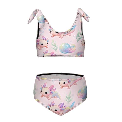 Image of Girls Swimsuit Two Piece Swimwear Cute Axolotl Colorful Tankini Bikini Set Beach Sport Bathing Suit for Girls