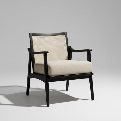 Image of APRODZ Mango Wood Arm Chair for Living Room with Cane Back & Wooden Armrest | Solid Wood Chair for Home Use Bedroom Dining Drawing Room and Balcony | Solid Wood Accent Chair, Black Finish