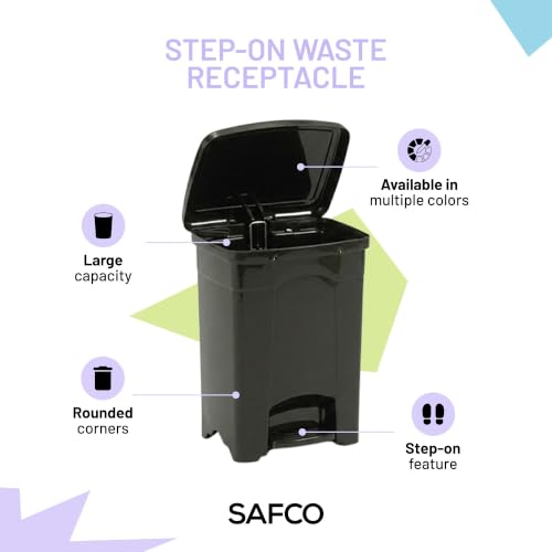 Image of Safco Step On Plastic Trash Can with Foot Pedal, 4 Gallon Garbage Can for Kitchen, Bedroom, Office, Hands Free, Black
