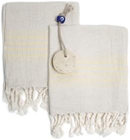 Ahenque Set of 2 Linen&Cotton Blend Striped Turkish Tea Towel, Eco-Friendly Hand-loomed Dishcloths with Tassel, Cream Kitchen Towel Set, Hand Towel