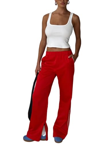 Women Solid Color Loose Pants Elastic Waist Classic Basic Casual Trousers Preppy Side Line Design with Pockets