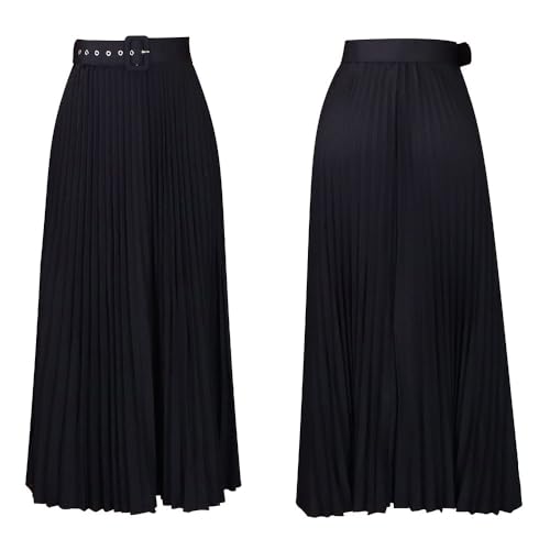 Women's Elegant Pleated Hem Ankle-Length Maxi Skirt High Waist A-line Big Swing Party Cocktail Long Skirts with Belt2