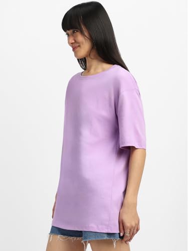 Image of JUNEBERRY Pure Cotton Oversized Baggy Fit Half Sleeve Drop Shoulder Plain Solid Round Neck T-Shirt for Women (Available in Black, White, Lilac, Cork, Maroon, Royal Blue, Swan White, Soap Nut Colors)