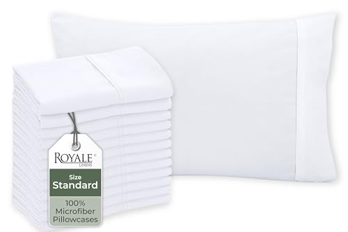 Image of Royale Linen White Pillowcase Set Of 12 - Standard 20 inchx26 inch Bed Pillow Cover - 1800 Brushed Microfiber -Wrinkle & Fade Resistant - Bulk Pillow Cases - Hotel Quality Pillowcase 12 Pack (Standard, White)