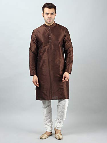 Image of Uri and MacKenzie Banarasi Dupion Silk Solid Kurta Churidar Pyjama Set for Men