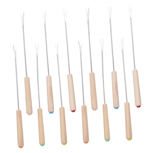 INOOMP 12pcs Stainless Steel Fondue Fork with Oak Handles Color Coded Skewers for Cheese Chocolate and Desserts Long Serving Forks for Parties and Gatherings