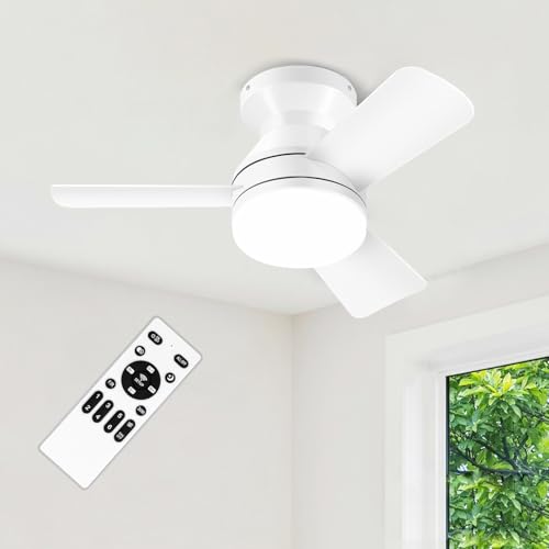 ZOUQILAI 26" White Ceiling Fans with Lights and Remote, Low Profile Ceiling Fan with Light, Reversible DC Motors, 3CCT Dimmable Timer Noiseless, Flush Mount Ceiling Fan for Bedroom/Living Room