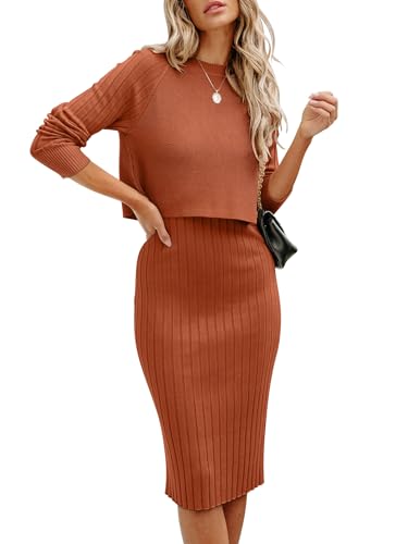 ANRABESS Womens 2 Piece Outfits Sweater Dresses Set Midi Skirt Sets Long Sleeve Crop Top Bodycon Ribbed Knit Dress 2025 Fall