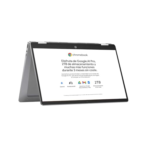 HP Chromebook x360 - Ordenador portátil de Google 14' FHD (Intel N100, 4GB RAM, 128GB eMMC, ChromeOS) + Suscripción Google AI Pro con Gemini Pro y 2TB de almacenamiento durante 3 meses -QWERTY Español