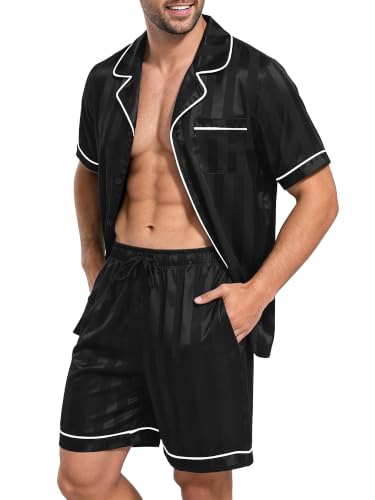 Image of DEARCASE Men Silk Satin Pajamas Sets Short Sleeve Sleepwear Button-Down Pjs Sets Two-Pieces Loungewear with Pockets