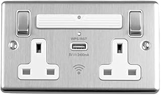13A 2 GANG SP SWITCHED SOCKET WI-FI EXTENDER + 1X2.4A USB CHARGER SATIN STAINLESS STEEL WHITE TRIM