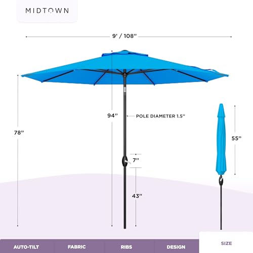 Image of Midtown Umbrellas - 10-Year-No-Fade 9 Ft Patio Umbrella with Terylast Fabric, Auto-Tilt Aluminum Frame and 8 Reinforced Ribs for Deck, Pool, Garden & Beach - Cobalt Blue Canopy, Black Pole