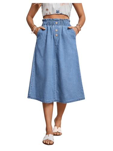 GORGLITTER Women's Blue Jean Midi Denim Skirt Frill Trim Elastic Waist A Line Skirts