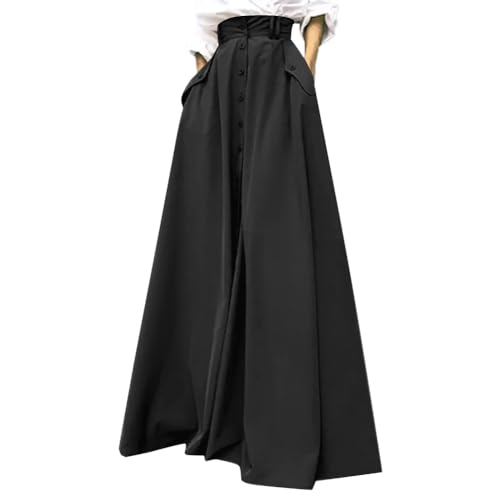 Rooscier Women's Split High Waist Flared A Line Button Down Vintage Pockets Maxi Skirt2