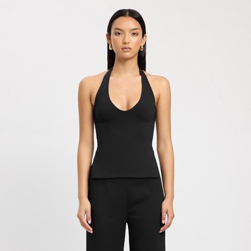 Women's casual sexy sleeveless T-shirt slim fit hanging collar V-neck backless vest popular street low neck top2