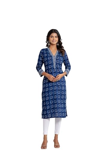 Image of Women Pure Cotton White and Blue Striped Printed Kurta
