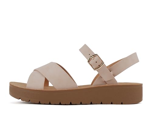 Image of Soda CHESTER ~ Women Flat Sandals Flatform Ankle Buckle Criss Cross Band Straps Sandals Shoes (Gold Raffia, 5.5)