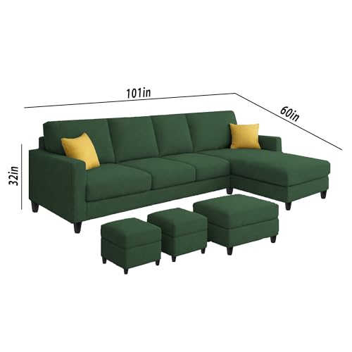 Image of Casaliving Rolando RHS 6 Seater L Shape Sofa with 2 Puffy & Ottoman Set for Living Room | Sofa Set for Living Room (Green) Premium Fabric 4 Seater Sofa