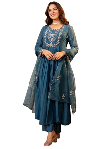 Image of Women Chanderi Silk Embroidered Kurta Pant Dupatta Set | Ethnic Wear | 2.25m Dupatta | S-XXL | Green & Teal Blue