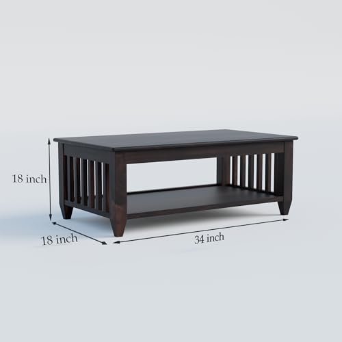 Image of Solid Sheesham Wood Rectangle Centre Table, Coffee Table for Living Room, Wooden Sofa Center Table with Shelf Storage for Home & Office | Rosewood, Walnut, Pre Assembled & Ready to Use